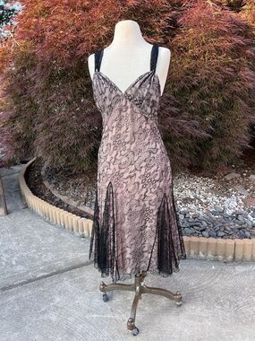 Vintage Galliano Dress Black Lace Over Peach Low Back babydoll goth whimsigoth